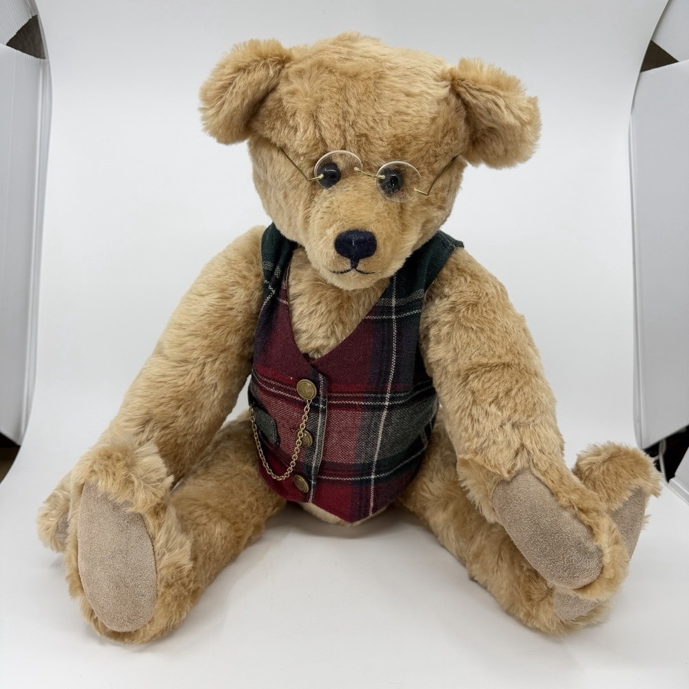 22" Handmade‎ Mohair Teddy Bear Jointed w Vest & Glasses Vintage
